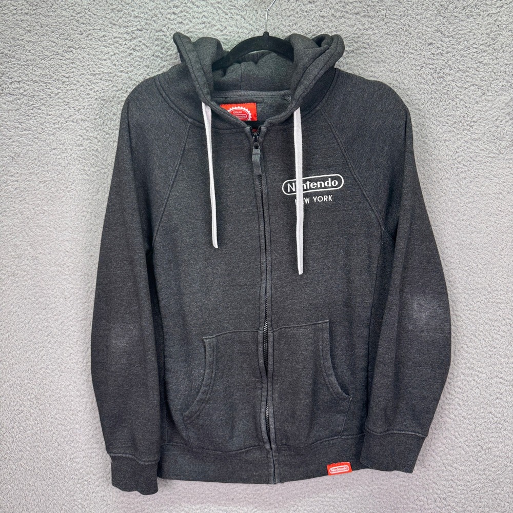 Nintendo Hoodie Mens S Charcoal Grey Full Zip Mario Graphic Gaming Lounge